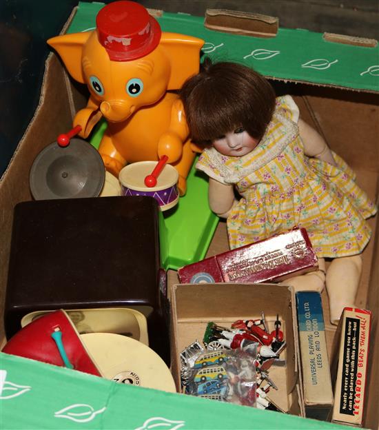 Open mouthed doll, toys etc